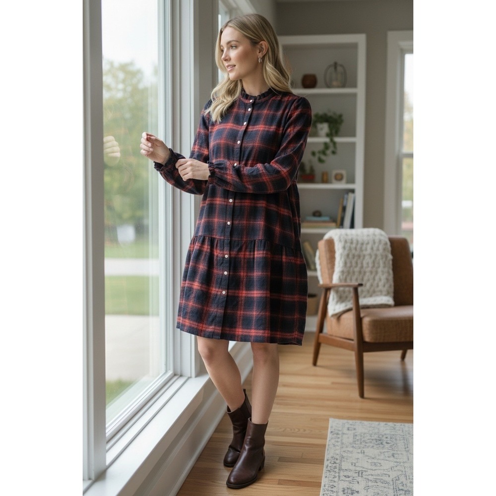 LOFT Petites Plaid Ruffle Neck Tiered Shirt Dress - Size MP